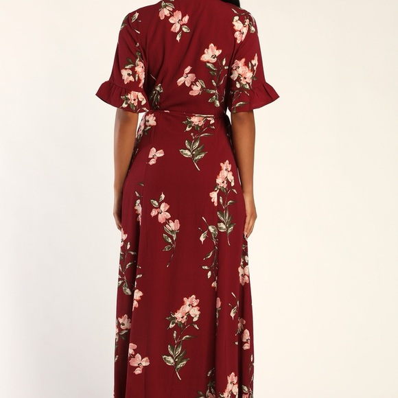 September Sunsets Burgundy Floral Print Wrap Maxi Dress - Picture 4 of 9